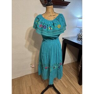TEAL Mexican Fiesta‎ Dress Fits Small-Large Embroidered